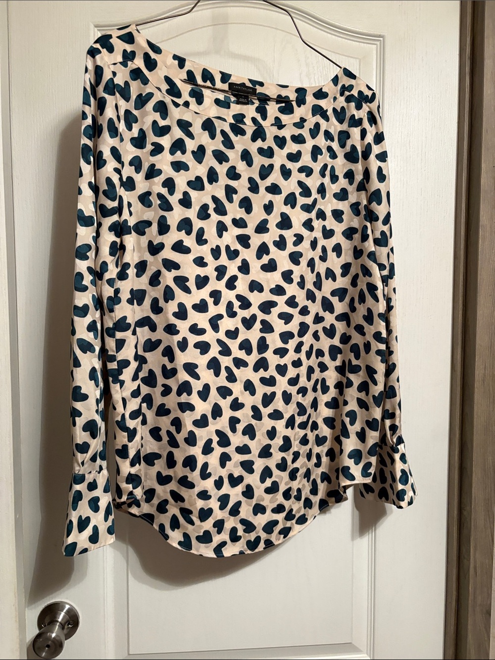 Ann Taylor Cream Blouse with Teal Heart Print